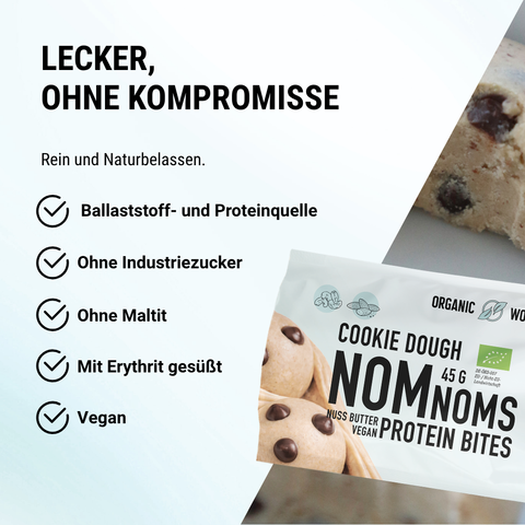 Cookie Dough NomNoms- Protein Bites, bio, vegan, Ballaststoffquelle mit Bio-Erythrit und Bio Erbsenprotein