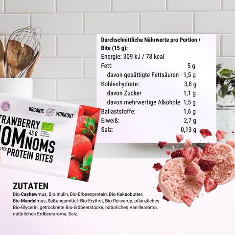 Strawberry NomNoms- Protein Bites – bio, vegan mit Bio-Erythrit und Bio Erbsenprotein