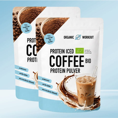Bio Iced Coffee Protein Pulver – Headline-Grafik mit Bio-Siegel und Made-in-Germany-Hinweis