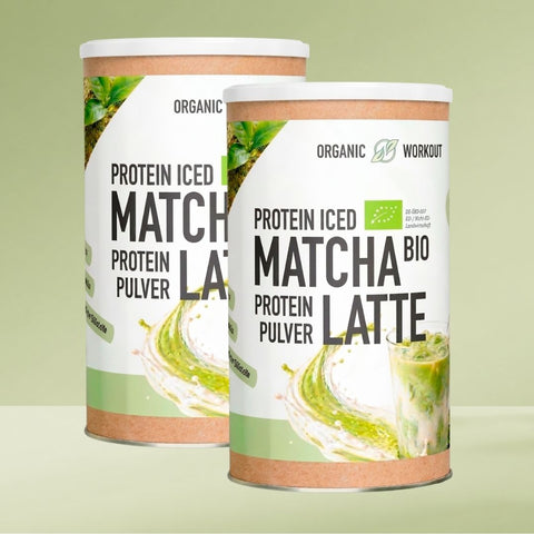 Zwei Dosen Bio Iced Matcha Latte Protein Pulver von Organic Workout im 2er-Pack