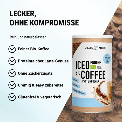 Bio Iced Coffee Protein Pulver Nachfüll-Pack von Organic Workout neben einem Glas Iced Coffee