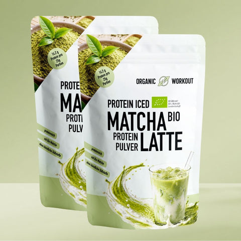 Zwei Nachfüll-Packs Bio Iced Matcha Latte Protein Pulver von Organic Workout im 2er-Pack