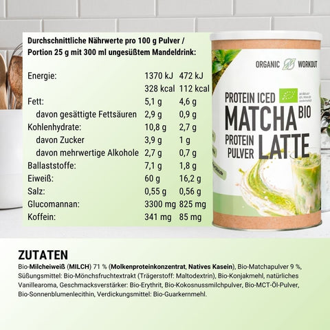 Nährwerte und Zutaten des Bio Iced Matcha Latte Protein Pulvers pro 100 g und 25 g Portion