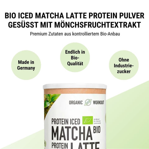 Bio Iced Matcha Latte Protein Pulver – gesüßt mit Mönchsfruchtextrakt, Made in Germany, ohne Industriezucker