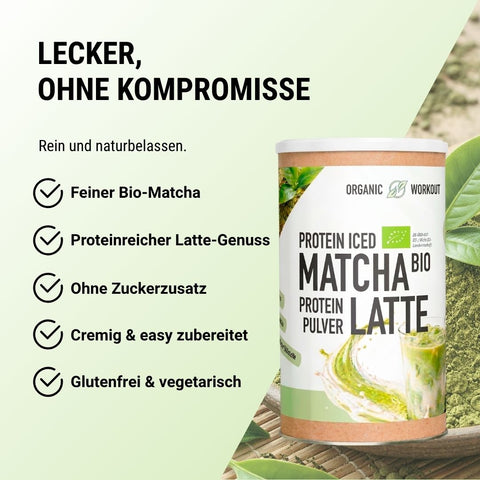 Vorteile des Iced Matcha Latte Protein Pulvers: feiner Bio-Matcha, proteinreich, ohne Zuckerzusatz, glutenfrei und vegetarisch